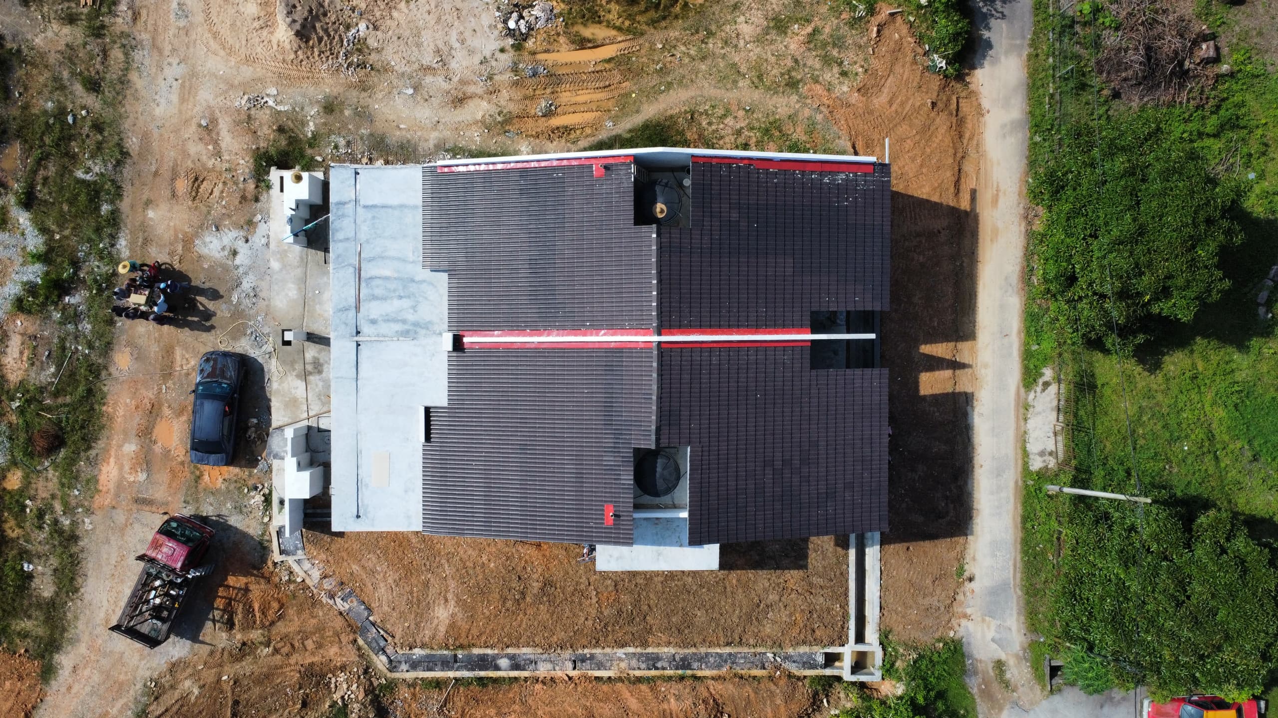 Top view of a house with completed roof structure