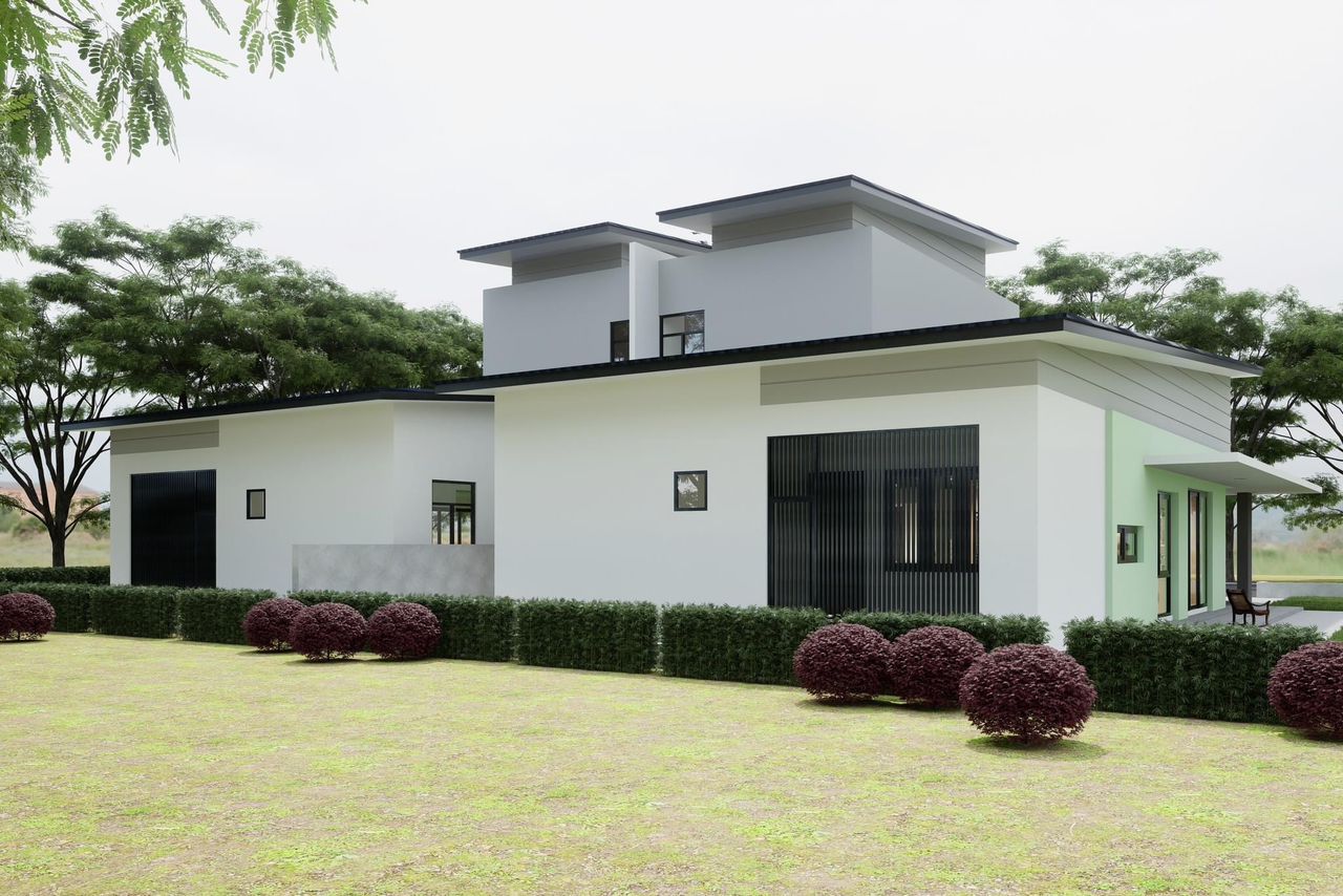 Modern luxury home back view with landscaped garden