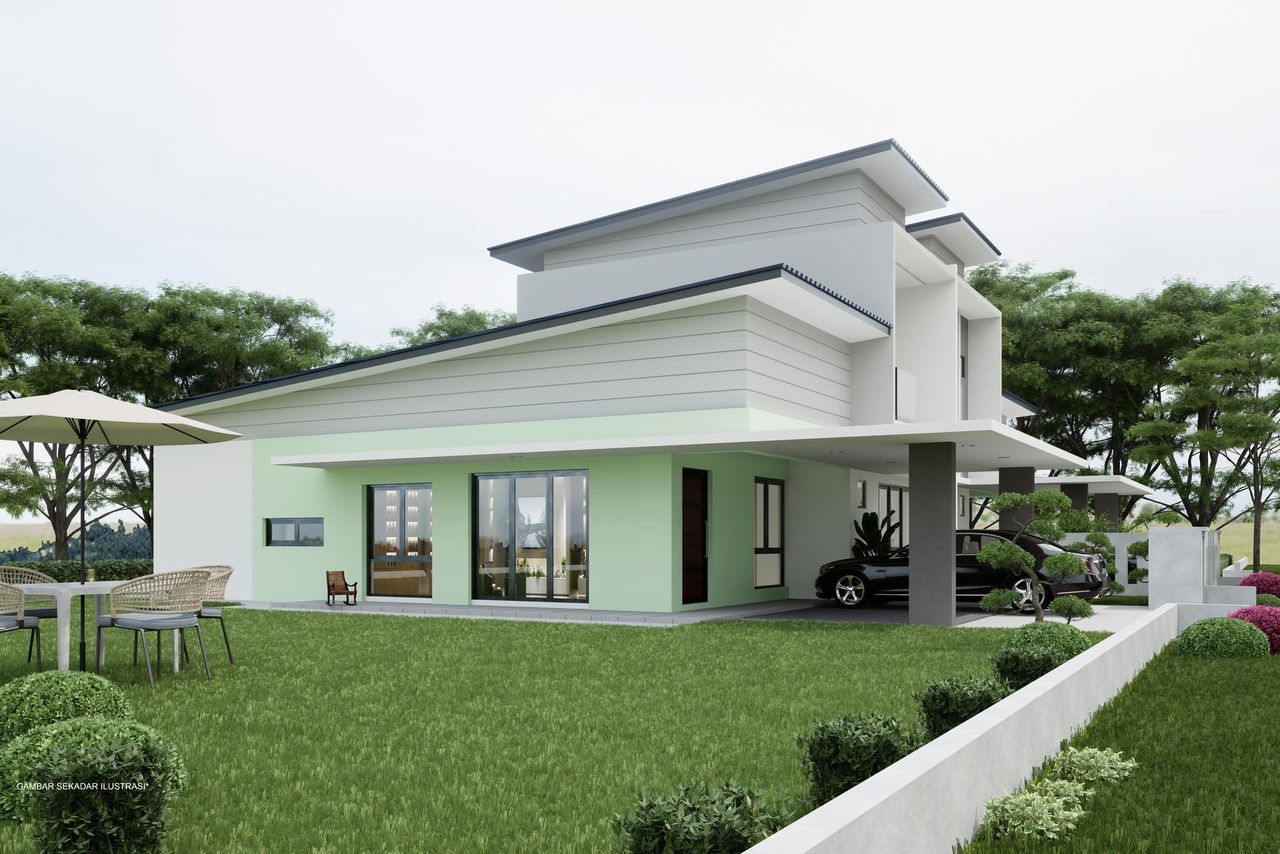 Modern luxury home side view with carport and outdoor seating area